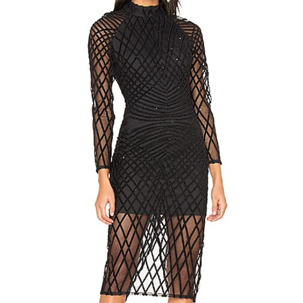 Lavish Alice Black Mid length sheer & sequin long sleeve dress SZ 2